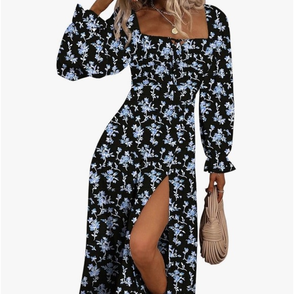 NWOT L black tiny blue floral keyhole bust split thigh sexy midi dress - Picture 1 of 4